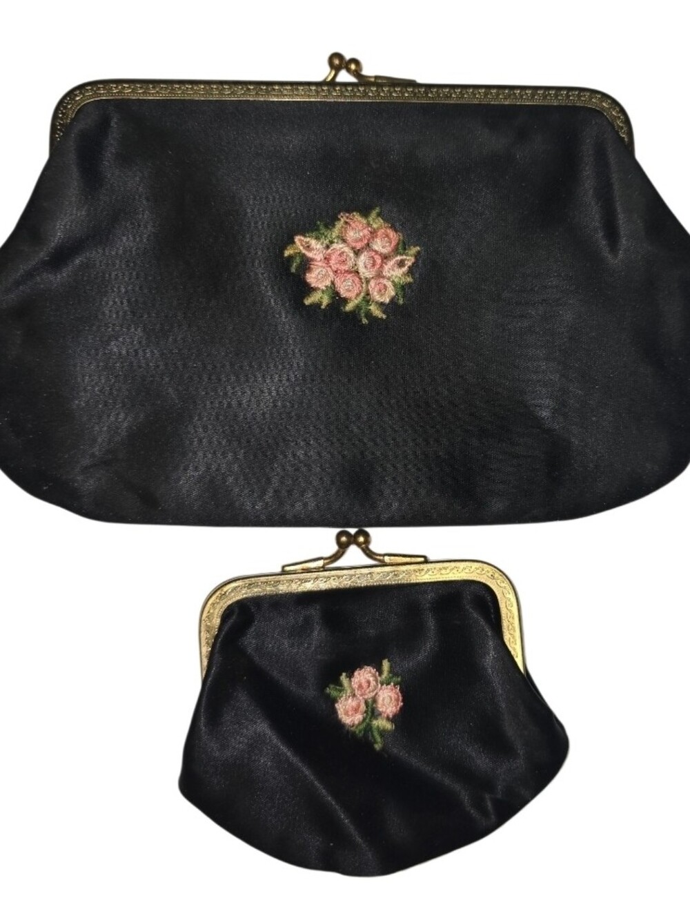 Vintage Black Satin Kiss-Lock Clutch and Coin Purse Set Pink Rose Embroidery